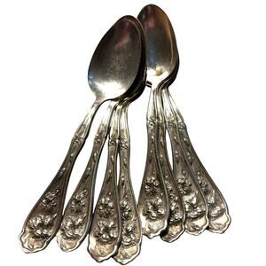 Antique silver teaspoons set (8) Carnation Pattern 1908 Rogers Art Nouveau
